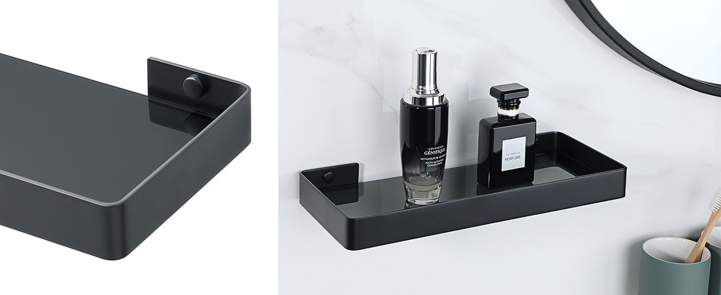 SAYAYO Bathroom Shelves Black Glass Shelf with SUS304 Stainless Steel Gold Frame Rectangular