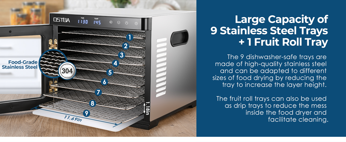 OSTBA Food Dehydrator Machine, 9 Stainless Steel Trays