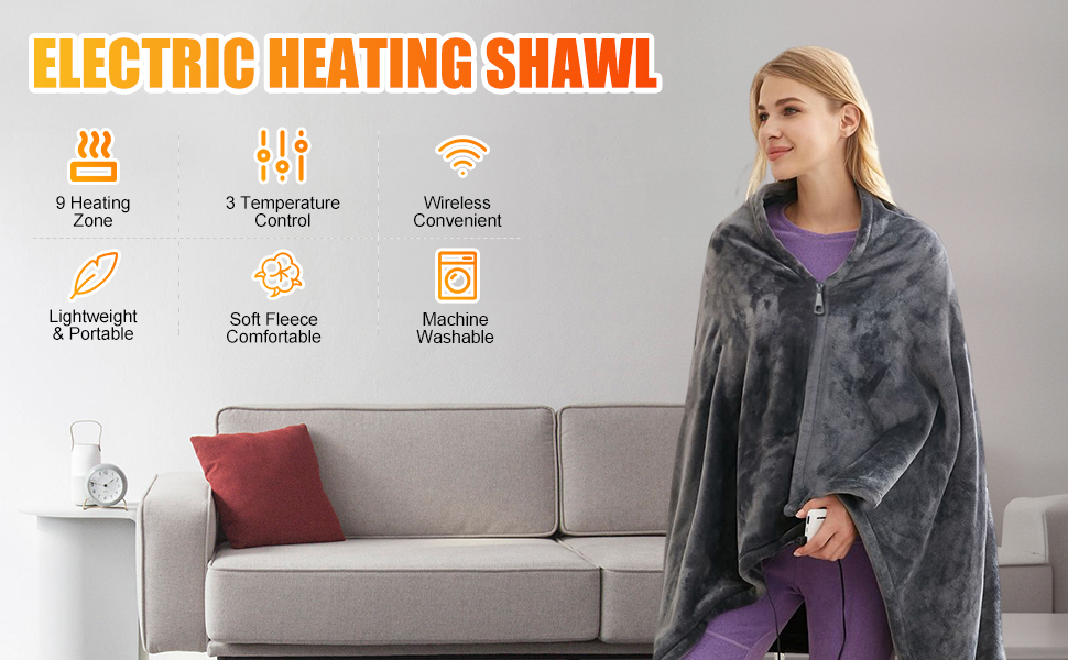 Electric USB Heated Shawl Blanket with Zipper, Heated Shawl Wrap Nine
