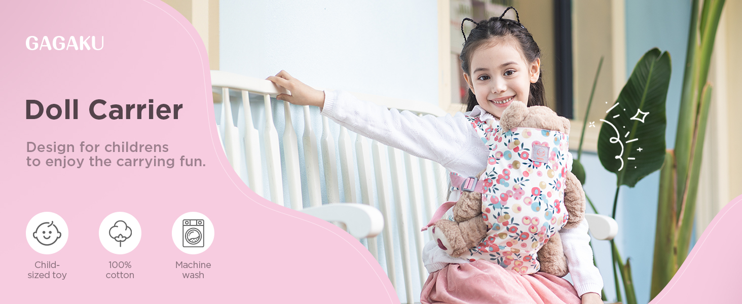 Text reads: 'Doll Carrier'. Pink-themed product showcase with icons and demonstration images of a child's toy carrier or accessory.