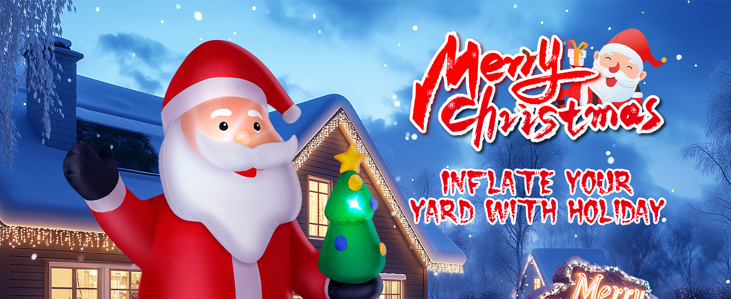Large inflatable outdoor holiday decoration featuring bright colors with Merry Christmas text and festive night scene background.