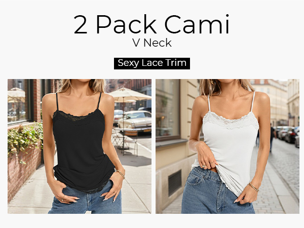 Women's Adjustable Bottom Lace Long Cotton Cami Tops (S,2 Pack