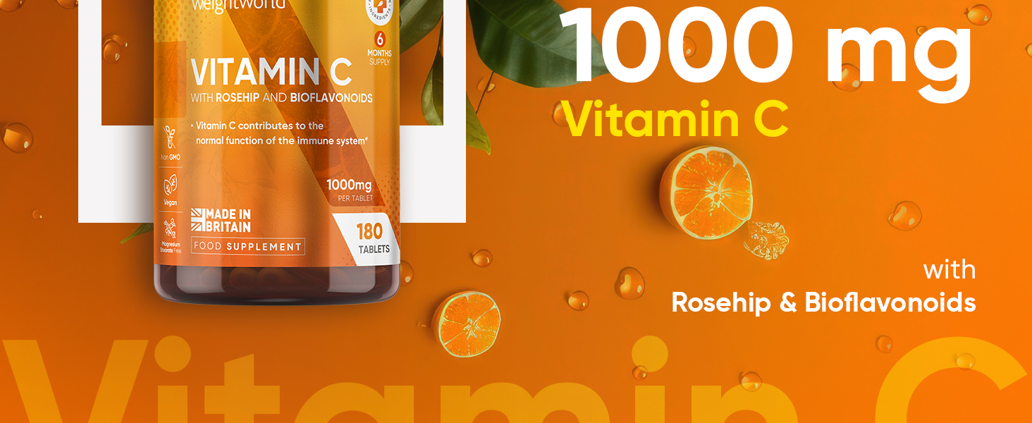 Vitamin C 1000mg – 180 High Strength Vitamin C Tablets with Rosehip & Bioflavonoids