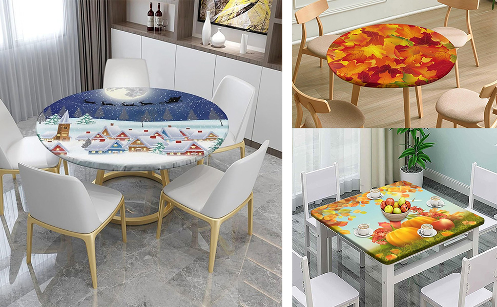 CRXTNSVR Fall Round Tablecloth, Fitted Table Cloth for