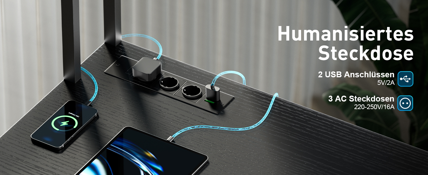 Schwarze Steckdosenleiste mit mehreren Steckdosen, USB-Anschlüssen und blau beleuchteten Kabeln. Der Text lautet „Humanisiertes Steckdose“, „2 USB Anschlüsse“ und „3 AC