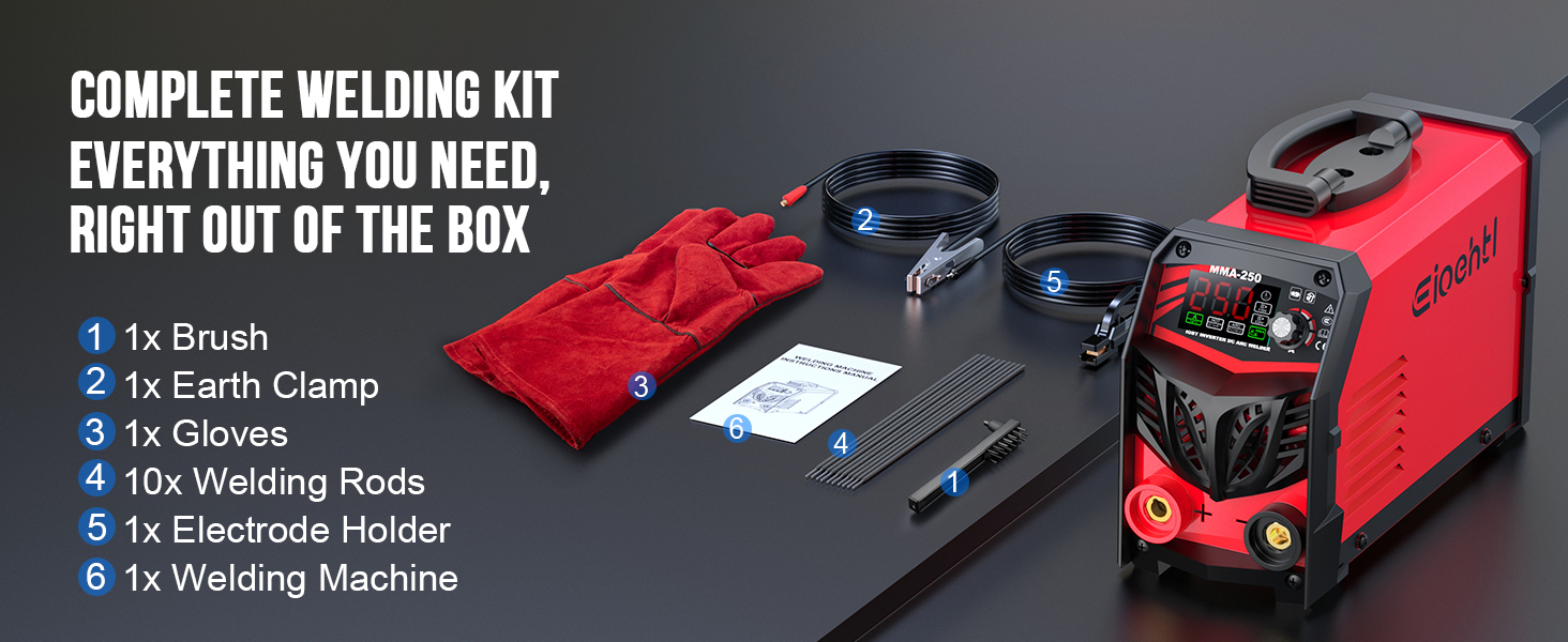 welding kit: welder, electrode holder, ground clamp, gloves, brush, 10 rods.