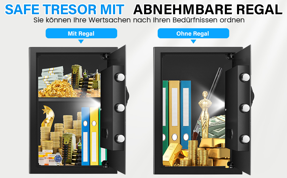 Safe with removable shelf feature demonstrated in before/after images, showing organized storage of documents, cash, and valuables.