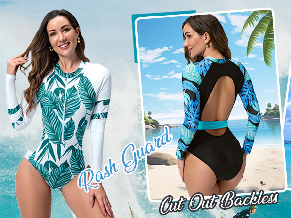 IDOPIP Women's Rash Guard Long Sleeve Swimsuits Zip Front