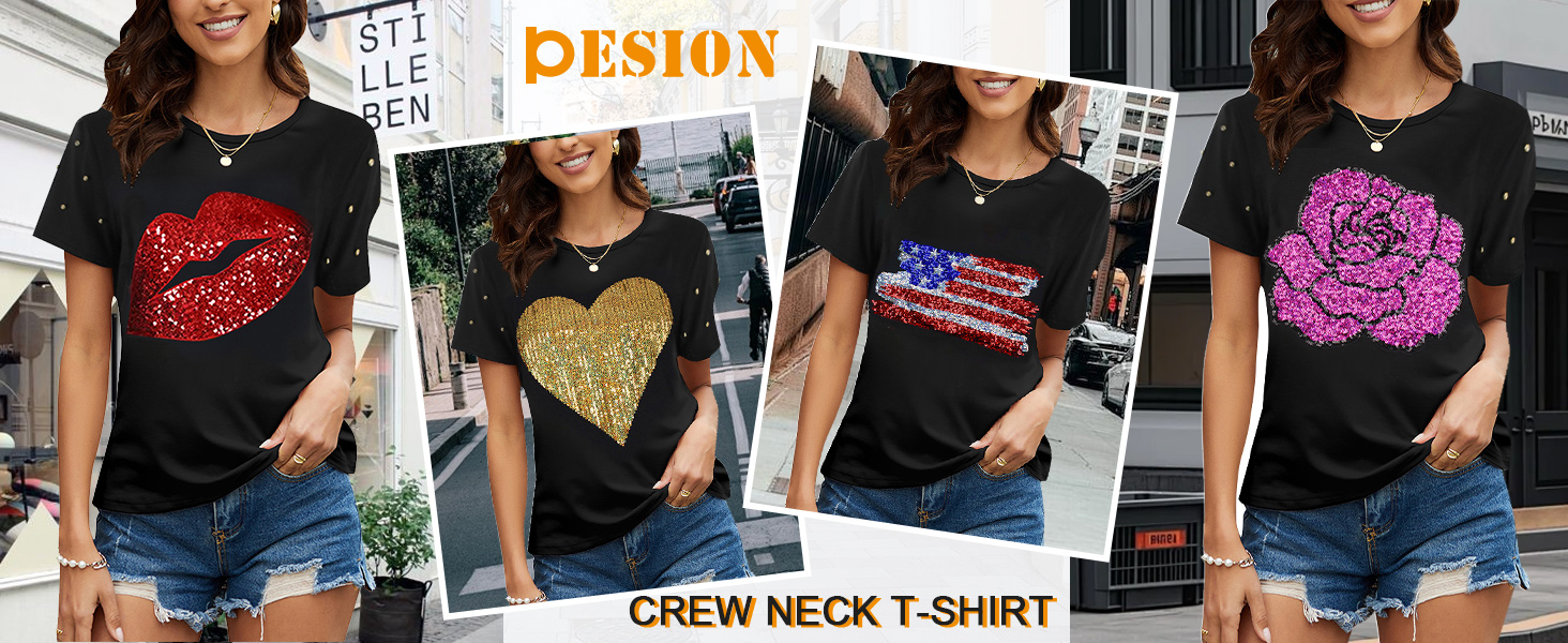 PESION Summer Crew Neck Essential Shiny T-Shirts