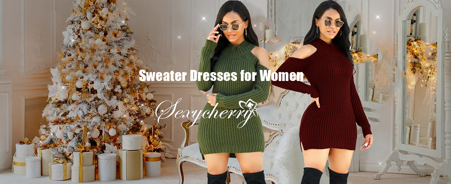 Casual White Sweater Dress  Women Sexy Long Cold Shoulder Sleeve Knit Pullover Mini Winter Dresses