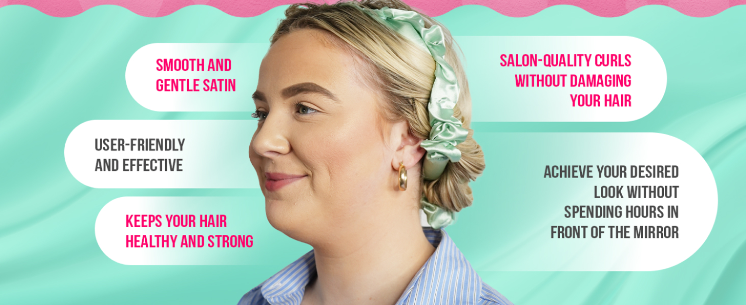 Hair styling product advertisement showing text bubbles highlighting benefits: smooth satin finish, salon-quality curls, user-friendly effectiveness, and time-saving styling features.