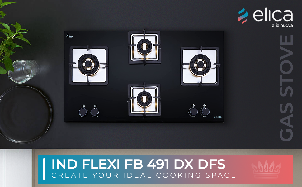 Elica Hob 4 Burner Auto Ignition Glass Top with Direct Flame Full Brass