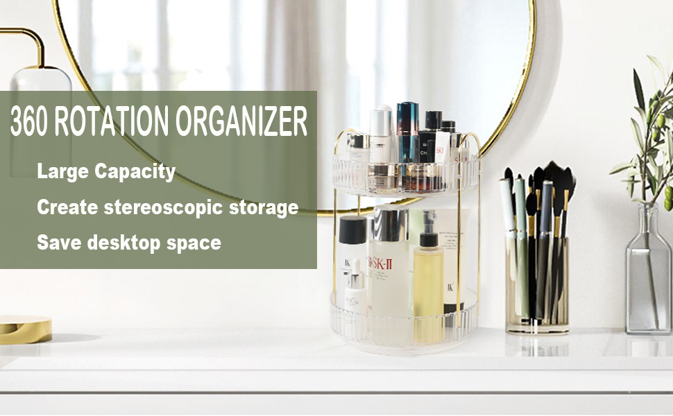 Rotating cosmetic organizer with multiple transparent tiers for storing makeup and beauty products, showcasing its 360-degree rotation and large capacity.