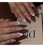 White French Tip Nail Press ons Gold Fake Nails 3D Flower Glue on Nails Glossy Reusable Artificia...