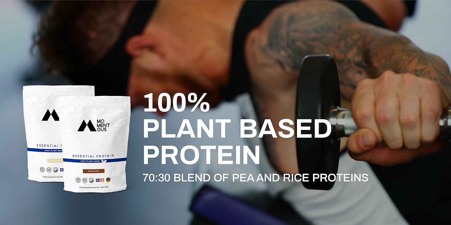 man with tattoos lifting barbells with overlay of protein bag images
