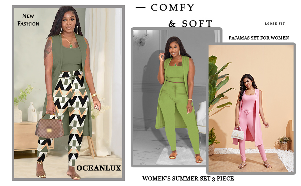 Women's Summer Set Long Cardigan Crop Tank Tops Three Pcs Outfit Joggers Sets Tracksuit Sweatsuits 