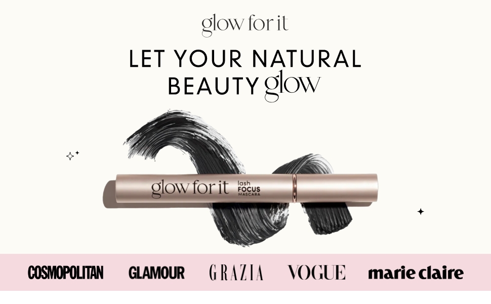 Text includes 'BEAUTY glow', 'COSMOPOLITAN', 'GLAMOUR', 'GRAZIA', 'VOGUE', 'marie claire'. Product marketing layout featuring magazine logos and lifestyle imagery.