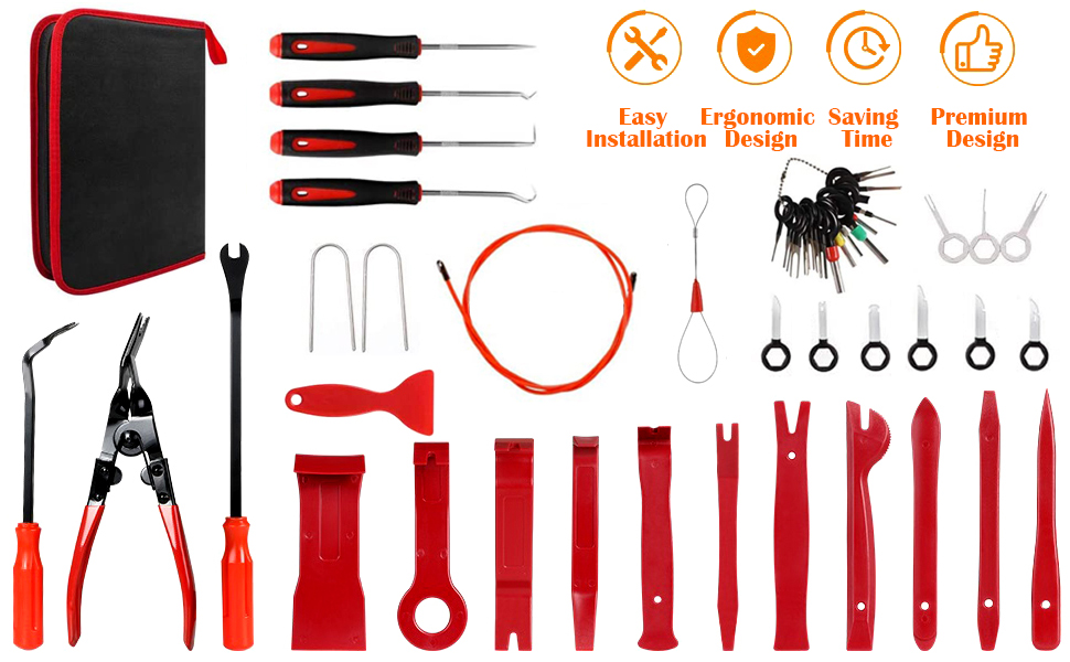 Aohoo Trim Removal Tools, Car Upholstery Repair Kit, Strumento di Rimozione Auto, Car Door Audio Panel Trim Removal Set, Fastener Terminal Remover Tool Set Clips Pry Kit Auto Clip Pliers (43PCS Red) 27 Terminal Removal Tools