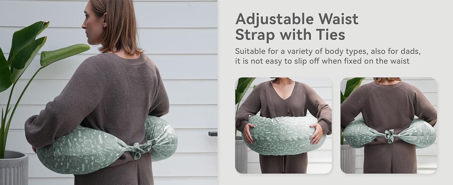 Product demonstration of adjustable waist strap cushion with ties, shown in mint green color with multiple angles of attachment method.