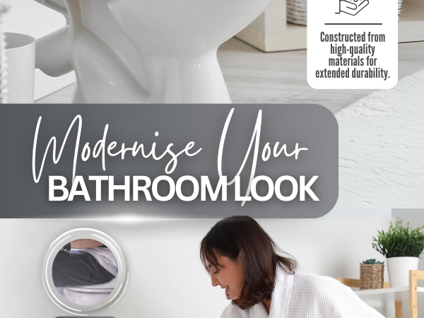 Bathroom advertisement featuring text 'Modernise Your Bathroom Look' and a small icon indicating high-quality construction for extended durability.
