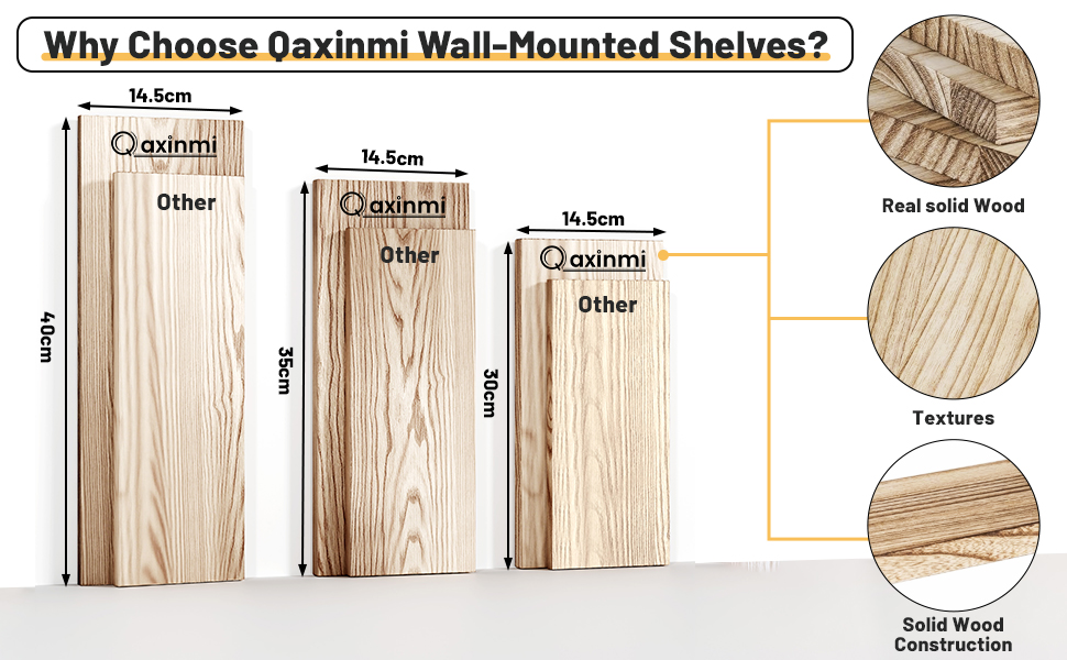 Wood shelf comparison diagram showing different shelf widths and grain patterns, including product specifications and wood finish details.
