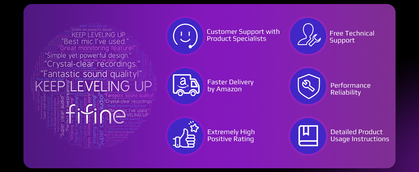 Purple banner displaying six business service icons with accompanying text, featuring customer support, delivery, technical support, and product quality assurance symbols.