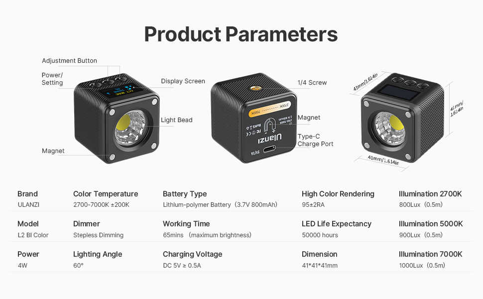 ULANZI L2 BiColor COB Video Light Mini Cube Lights, LED