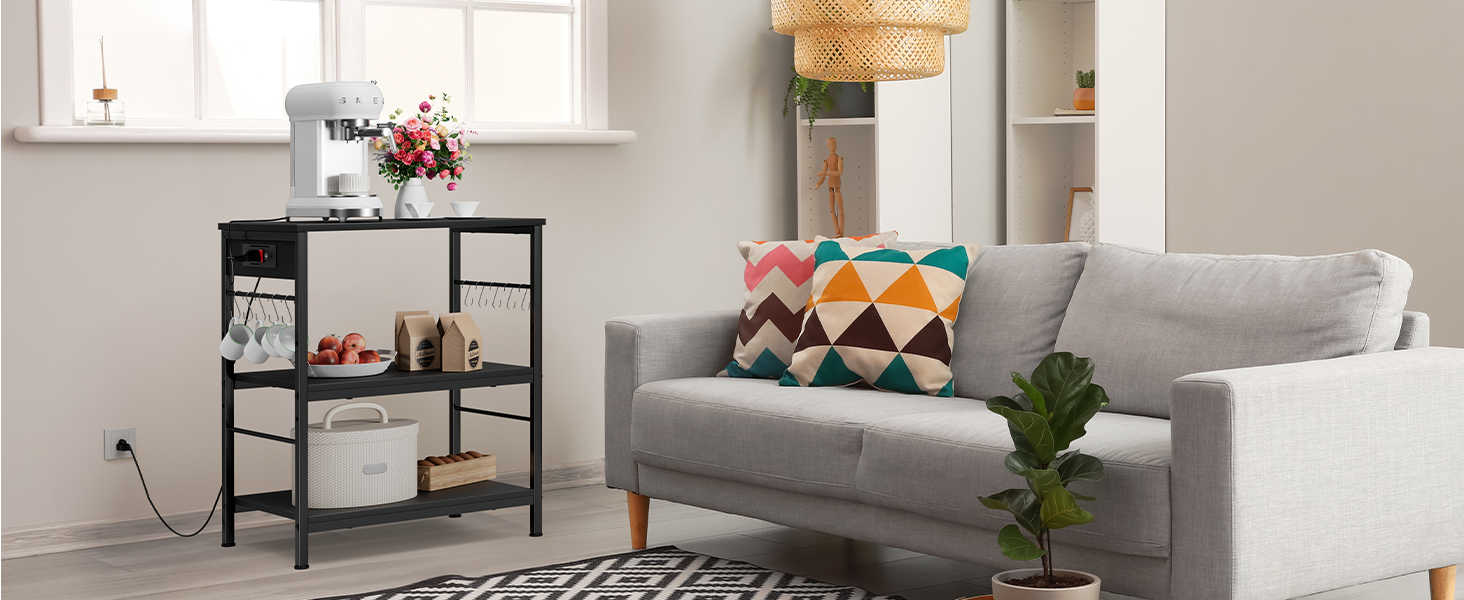 Bakers Rack with Power Outlet Black Coffee Station Cart Table on Wheels