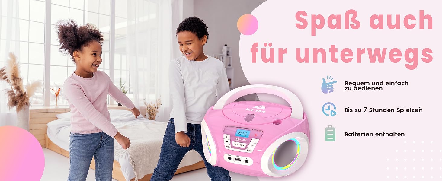 KLIM Candy Kids CD Player für Kinder NEU 2022 + UKWRadio + Inklusive Batterien + Rosa + Boombox