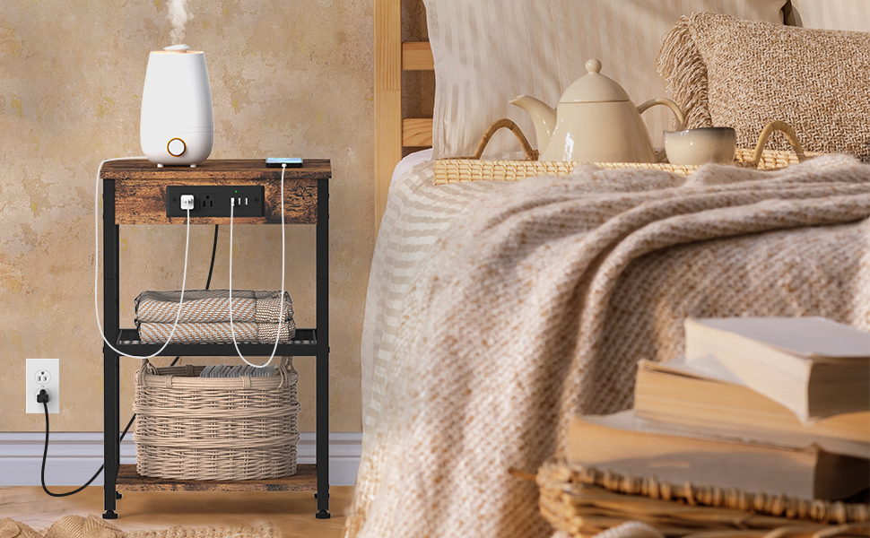 Nightstand with Charging Station End Table with USB Ports and Power