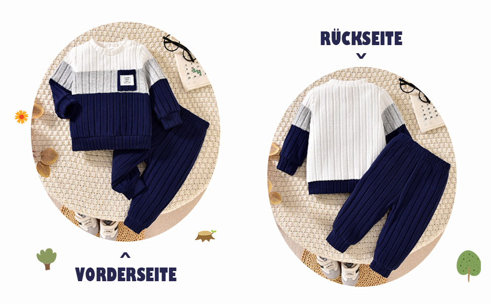 Text reads 'RÜCKSEITE' and 'VORDERSEITE'. Multiple views of dark blue clothing items laid flat against circular beige backgrounds.