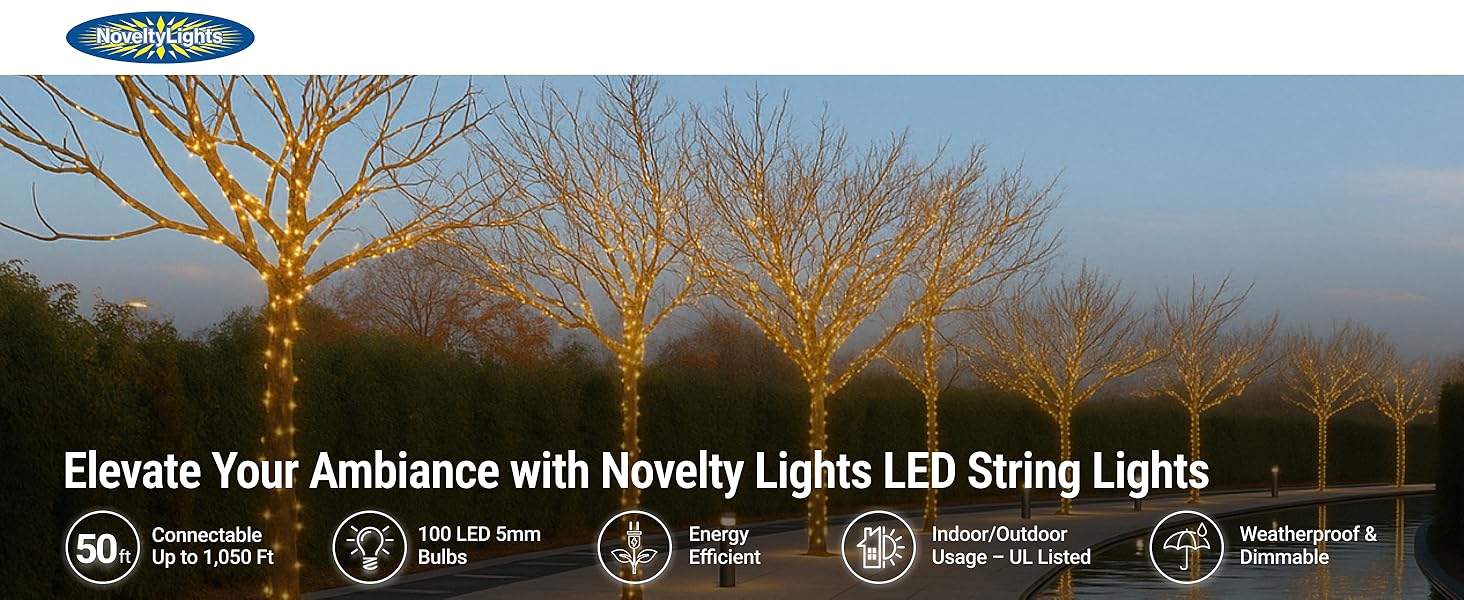 50ft warm white LED Christmas lights with brown wire and 100 5mm bulbs for outdoor decor