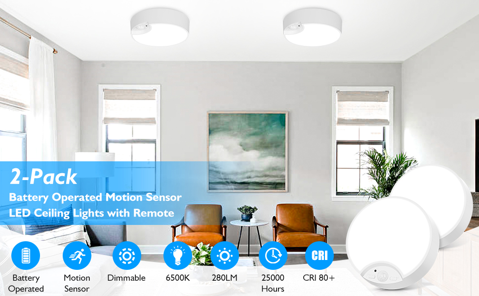 2Pack Motion Sensor LED Ceiling Lights Battery Operated, 7.48inch