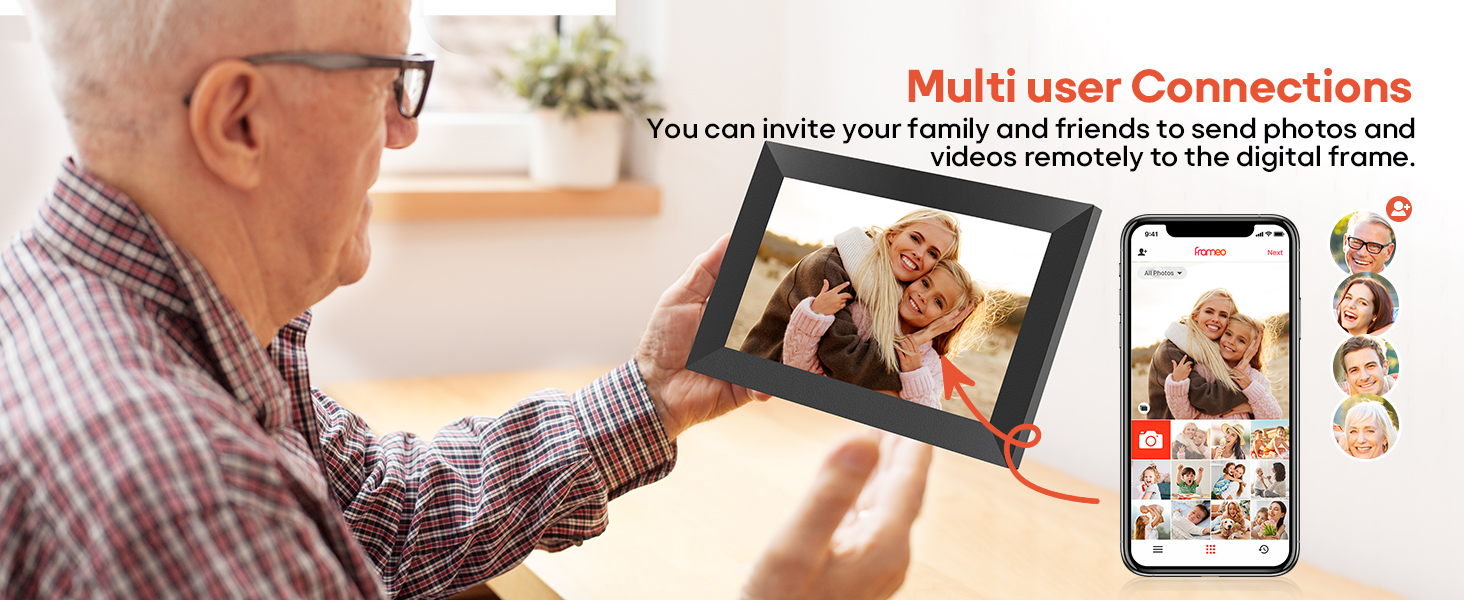 Easy setup digital frame with HD resolution, suitable for seniors and families wanting an effortless photo sharing experience