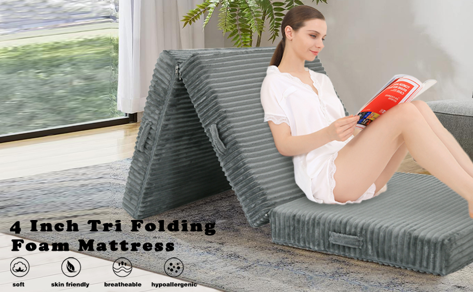 Tri Fold Memory Foam Mattress Single, 10cm Thick Folding Mattress with