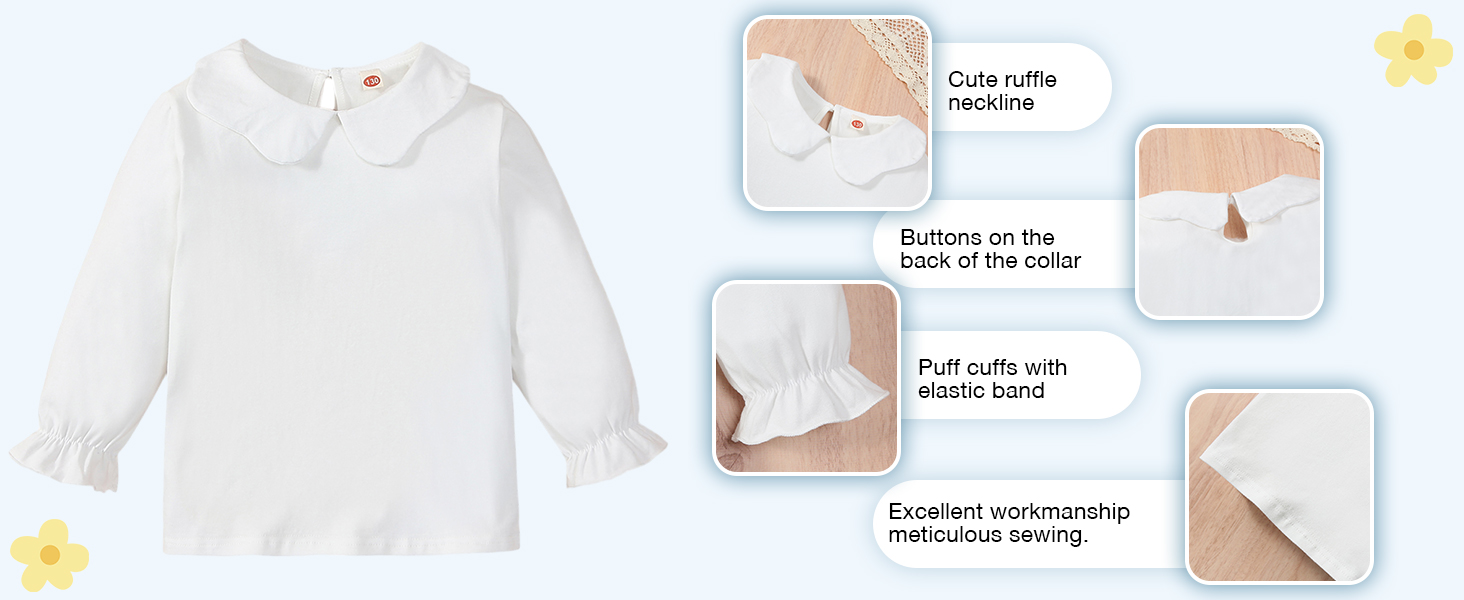 Baby Girl Kids Blouses Long Sleeves Solid Color Doll Collar T-Shirt Top Bottom