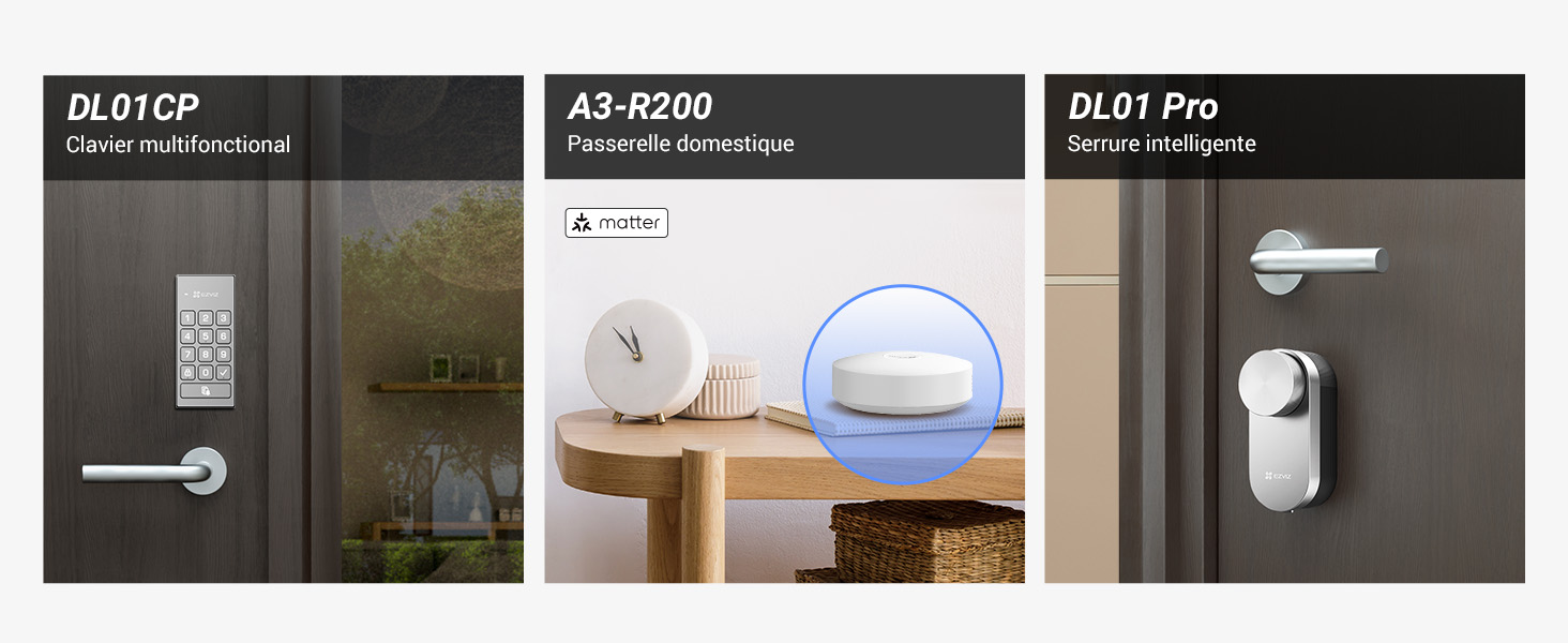 Trois images de produits montrant différents appareils domestiques intelligents : une serrure à clavier, un purificateur d'air circulaire et une serrure à empreinte digitale