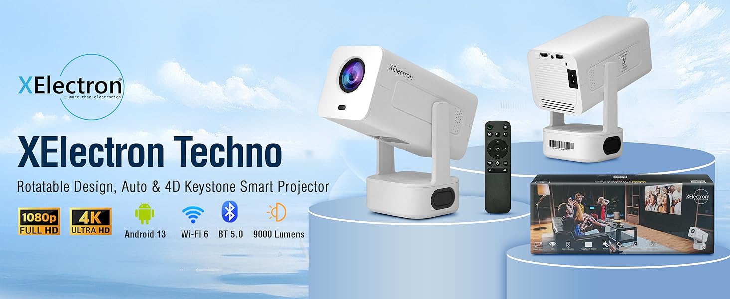 HD, Full HD, 4K, Lumens, Android 13, Smart Projector, Large Screen, WiFi, Rotatable, Bluetooth