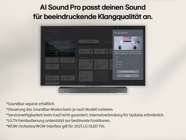LG Soundbar unter dem LG OLED TV, UI zeigt Lautstärkeregelung für Soundbar und TV.