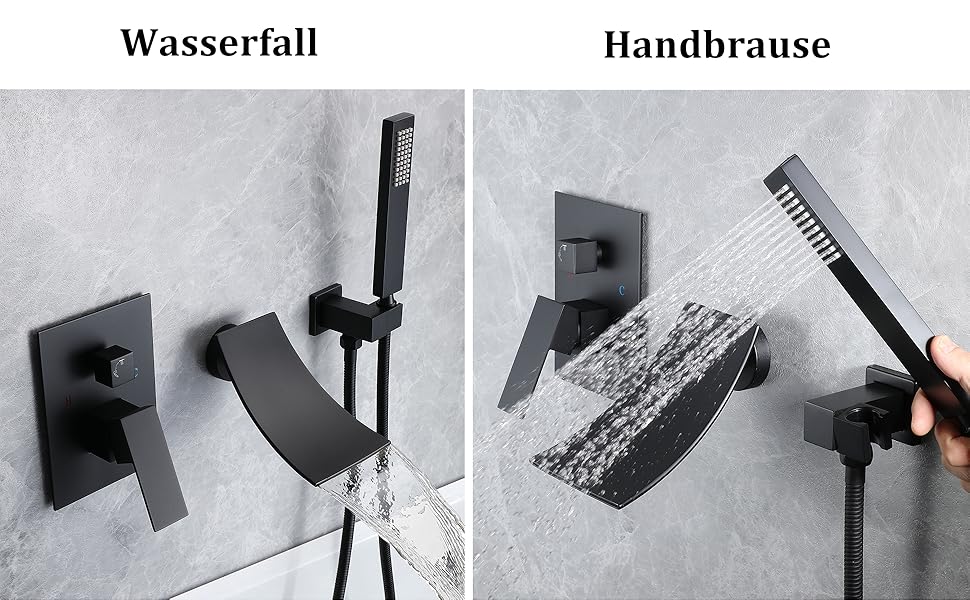 Mitigeur De Baignoire, Robinet De Baignoire Cascade, Robinet De Bain Mural, Encastrable Mitigeur De Douche Avec 1,5m Flexible De Douche En Acier Inoxydable, Douchette En Laiton, Noir, Style B 11 Robinet de Baignoire