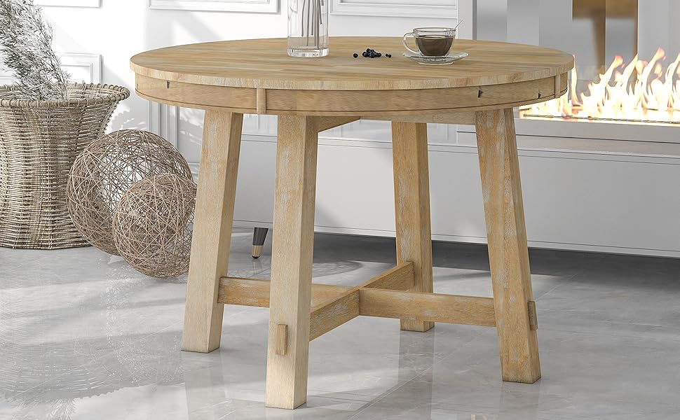 Merax Round Wood Dining Table, Farmhouse Round Extendable