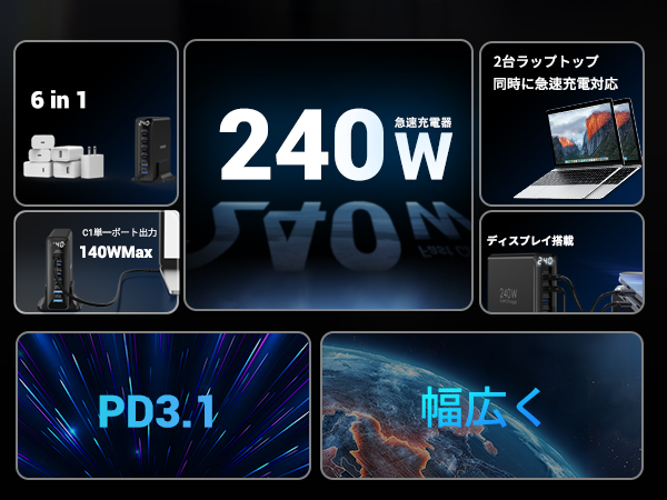 Amazon | TOPADRE 240w 充電器 PD3.1対応 6ポート同時急速充電