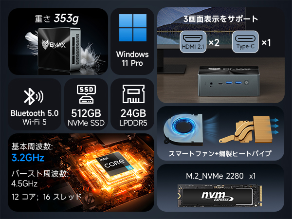 Amazon | BMAX ミニPC 第12世代 Intel i5-12600H 24GB DDR5