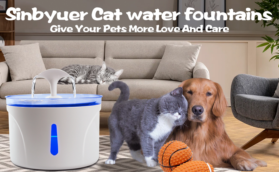 Sinbyuer Cat Water Fountain with Led Lights, Ultra Silent