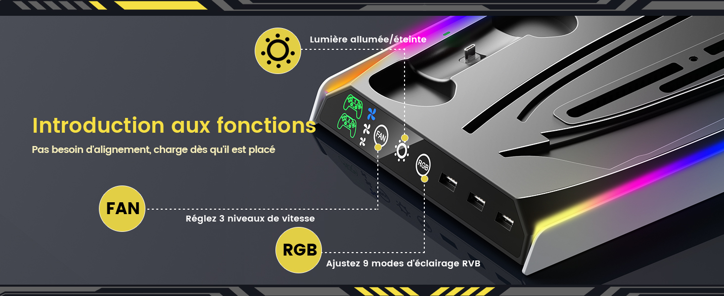 avec éclairage RGB et commandes de ventilateur. Dispose de plusieurs ports et d'un design noir élégant avec des touches colorées. Le texte décrit la vitesse du ventilateur et les réglages de l'éclairage.