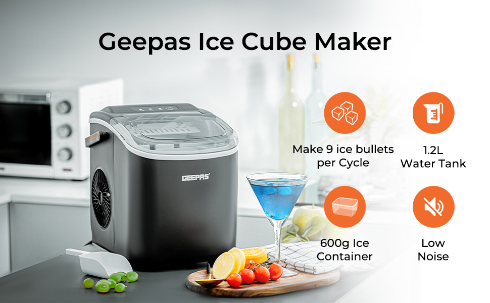 Geepas Ice Cube Maker, Produces 12kg Ice In 24 Hours, 9 Ice Cubes in 7