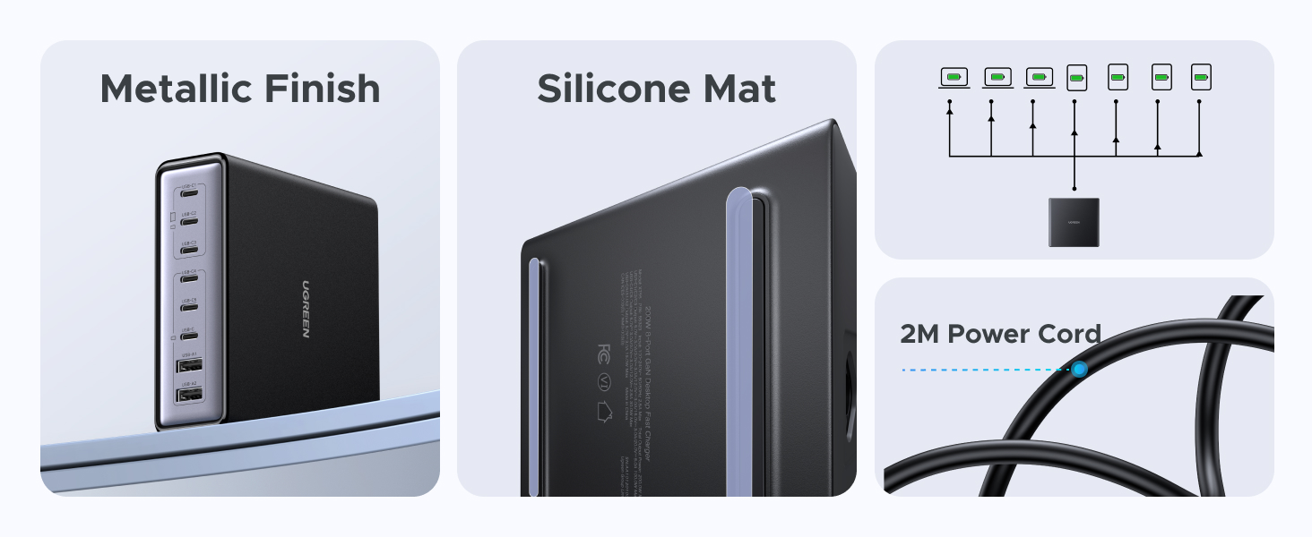 Multi-port USB charger with metallic finish and silicone mat. Features multiple charging ports and a 2M power cord. Includes diagram showing port arrangement.