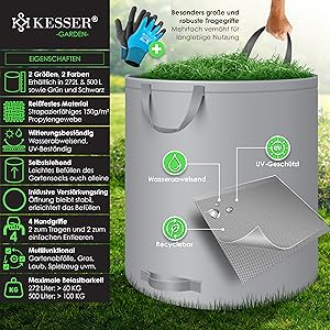 Grijze tuinafvalzak met hengsels. De vermelde productkenmerken zijn onder meer UV-bescherming, waterbestendigheid en recycleerbaarheid. Getoond tijdens gebruik bij het verzamelen van tuinafval.