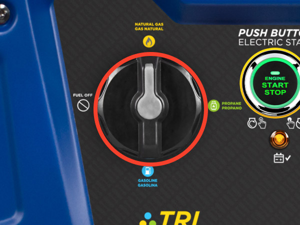 Tri-fuel selector switch on the WGen9500TFc. Switch between gasoline, propane, or natural gas.