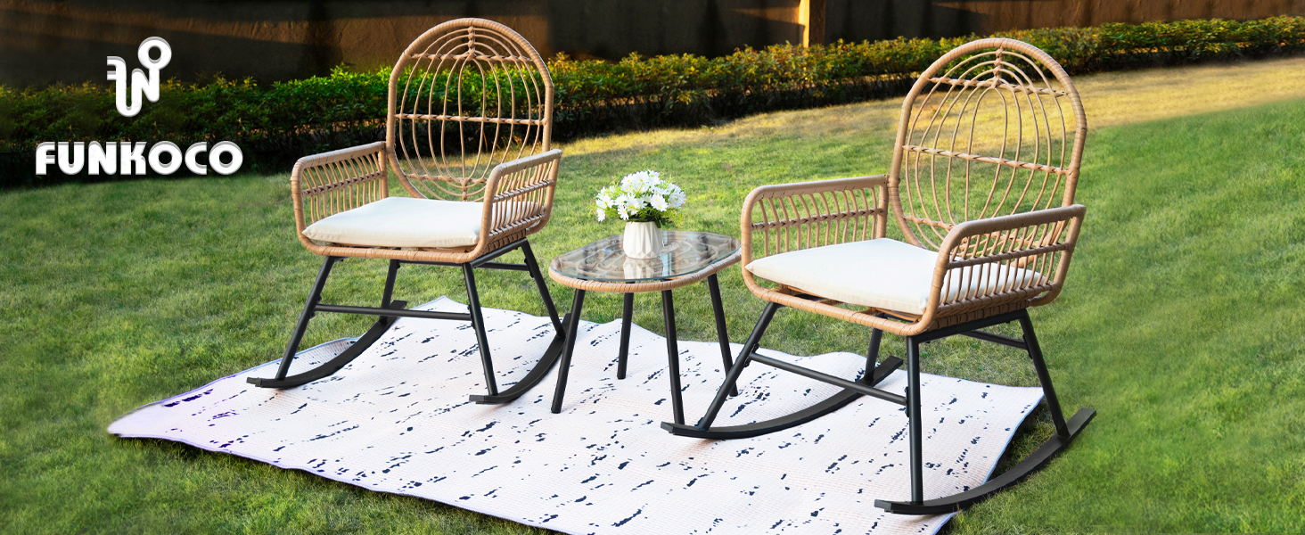 FUNKOCO PE Wicker Boho Patio Furniture Rocking Chairs Set